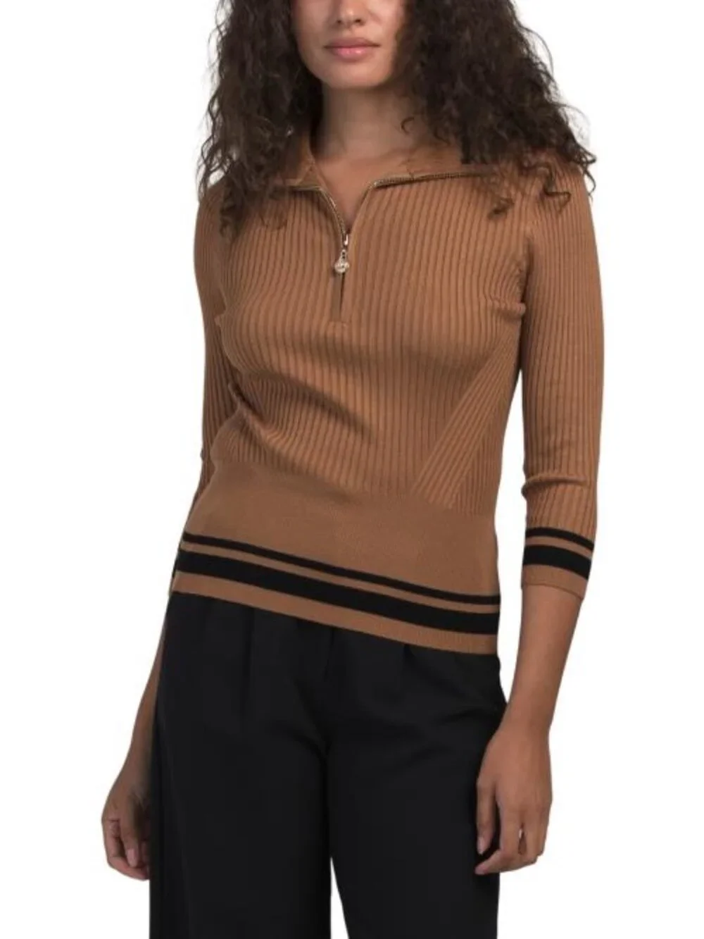 RIO & RIAN Zippered Neck Quarter Sleeve Pullover Sweater With Contrast Tipping